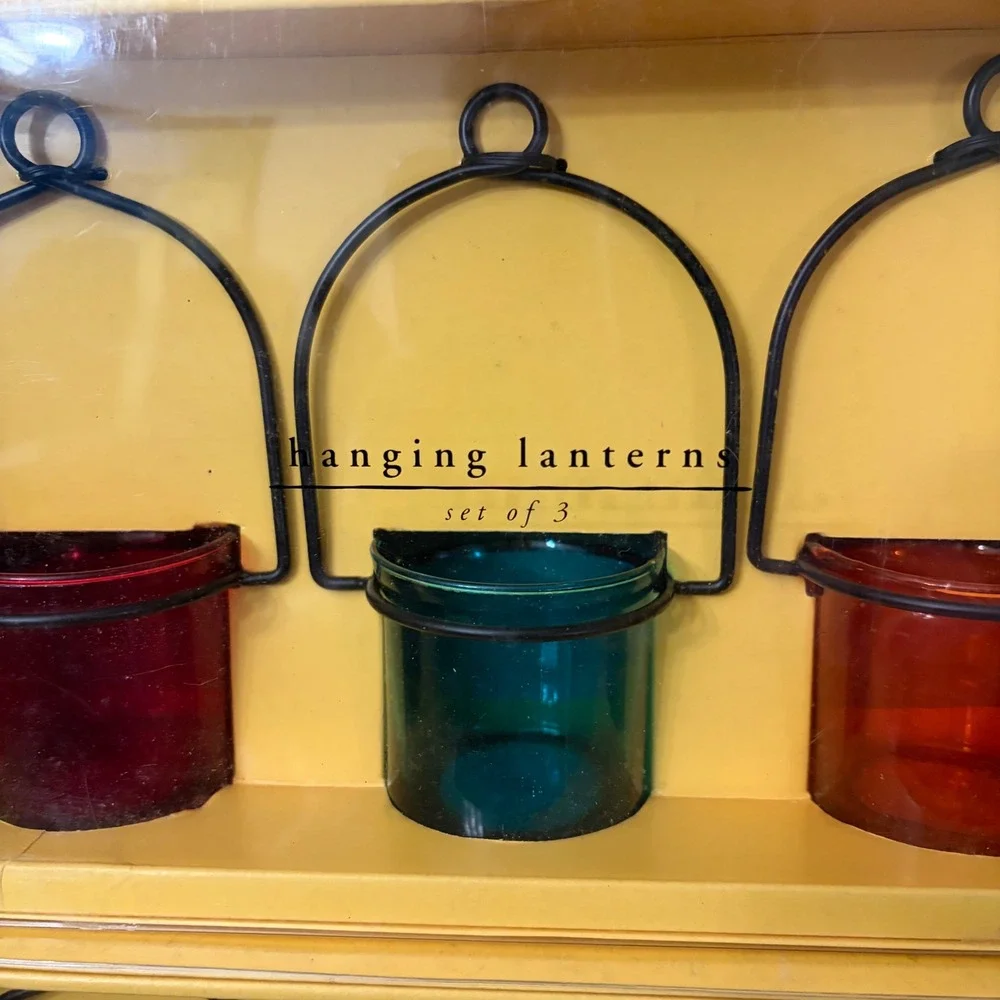 Pier 1 Imports Hanging Glass Tea Light Lanterns Set of 6 Jewel Tone Metal Frame